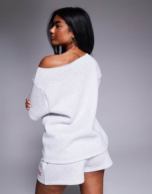 Weekend Collective off the shoulder short sleeve sweatshirt with scribble logo in heather gray and red