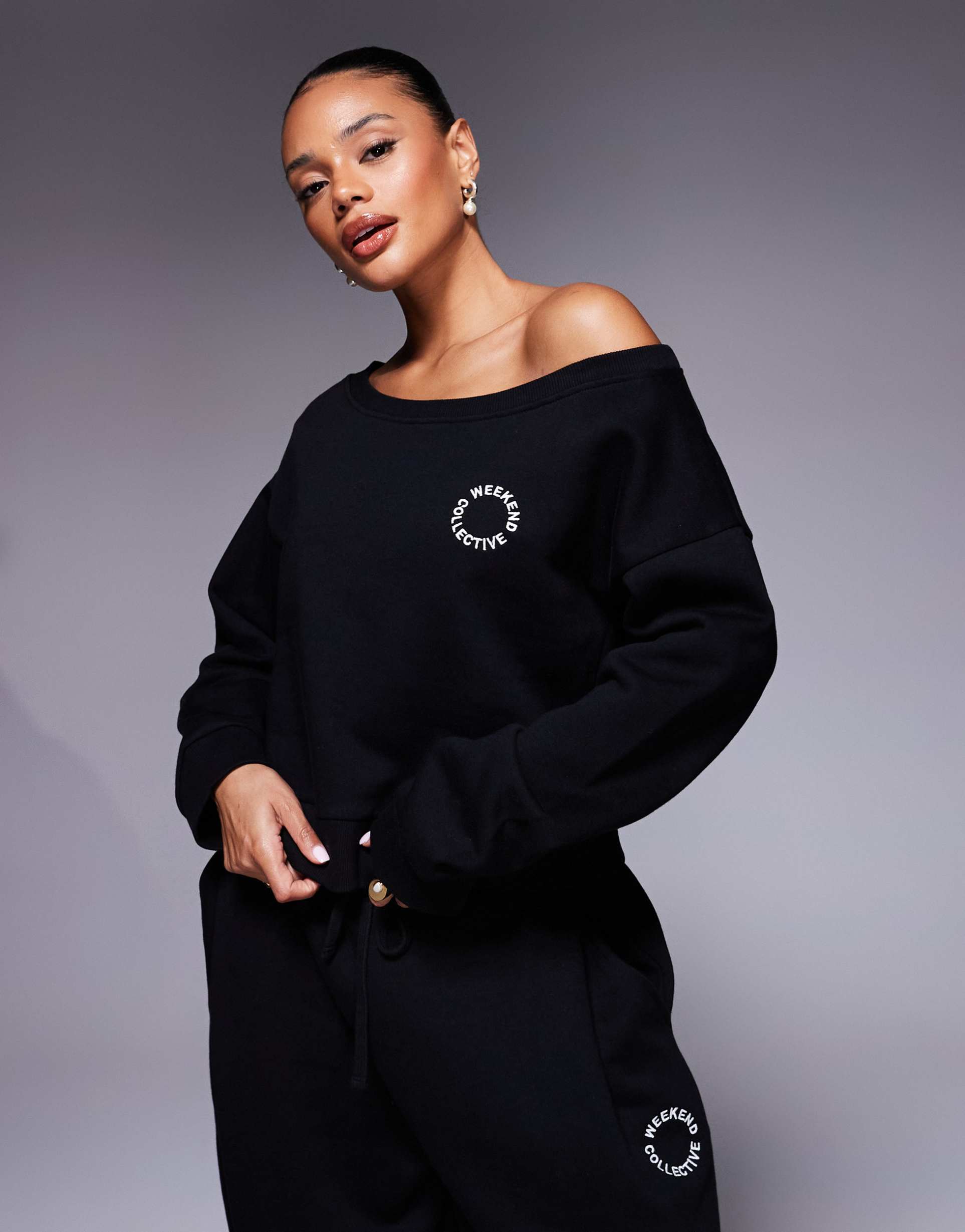 weekend collective off the shoulder sweatshirt in black - part of a set