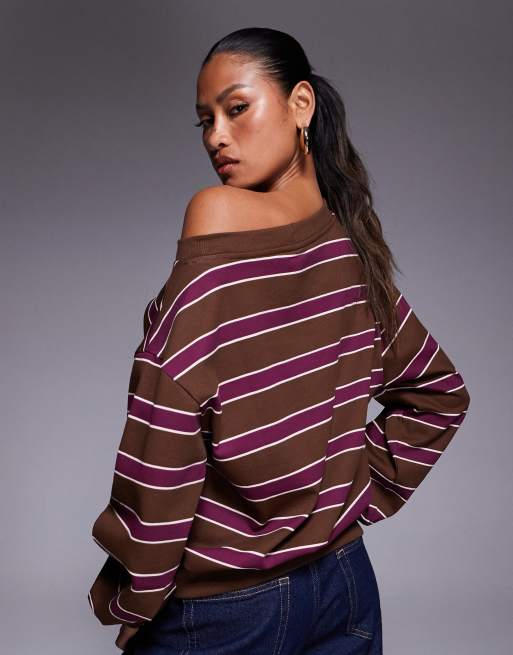 Weekend Collective off the shoulder sweatshirt in chocolate and burgundy stripes, 2 of 4