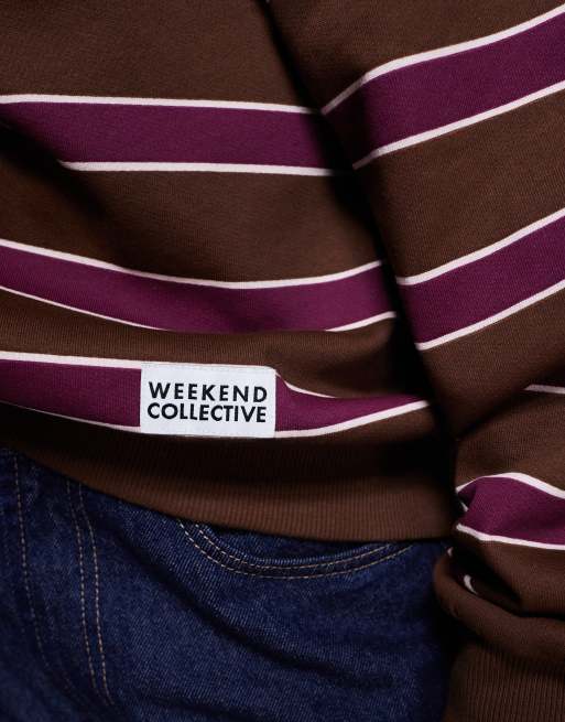 Weekend Collective off the shoulder sweatshirt in chocolate and burgundy stripes, 3 of 4