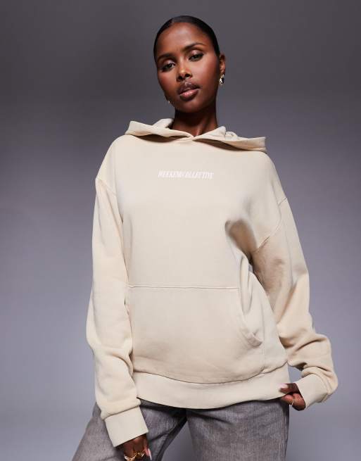 Weekend Collective – Oversize-Kapuzenpullover in verwaschenem Steinbeige und Rosa mit Stapel-Logo am Rücken, 3 von 4
