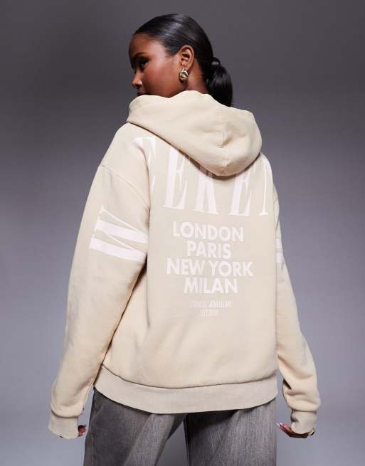 Weekend Collective – Oversize-Kapuzenpullover in verwaschenem Steinbeige und Rosa mit Stapel-Logo am Rücken, 4 von 4