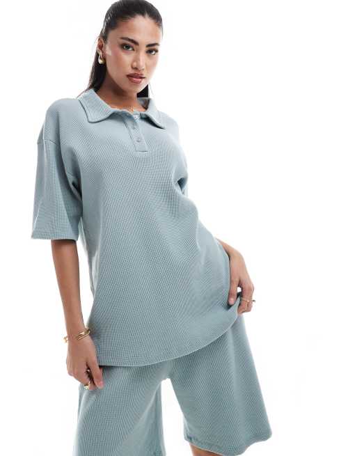 Weekend Collective – Oversize-Polohemd in Blau mit Waffelstruktur, Kombiteil
