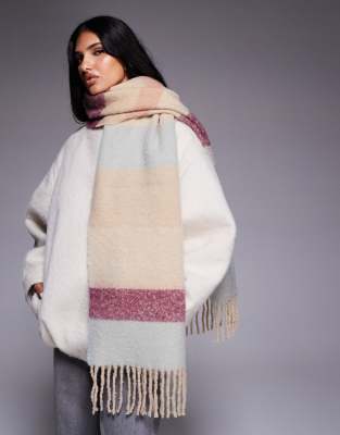 Weekend Collective - Oversize-Schal in Blau mit gemischtem Streifenmuster und gewebtem Etikett-Bunt