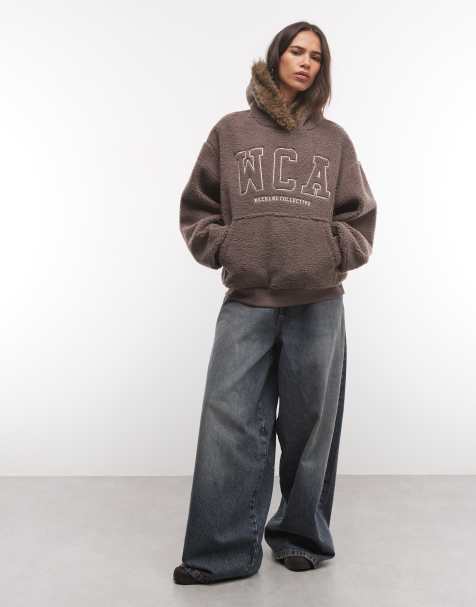 Weekend Collective oversized borg hoodie with fur trim hood in taupe - view 1