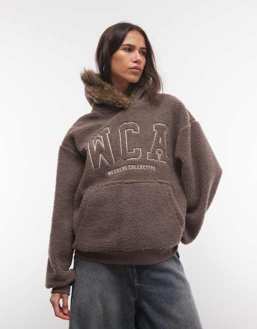 Weekend Collective oversized borg hoodie with fur trim hood in taupe, 2 of 4