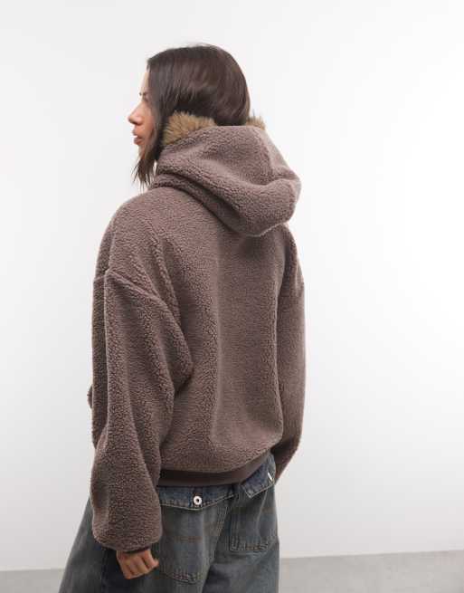 Weekend Collective oversized borg hoodie with fur trim hood in taupe, 3 of 4