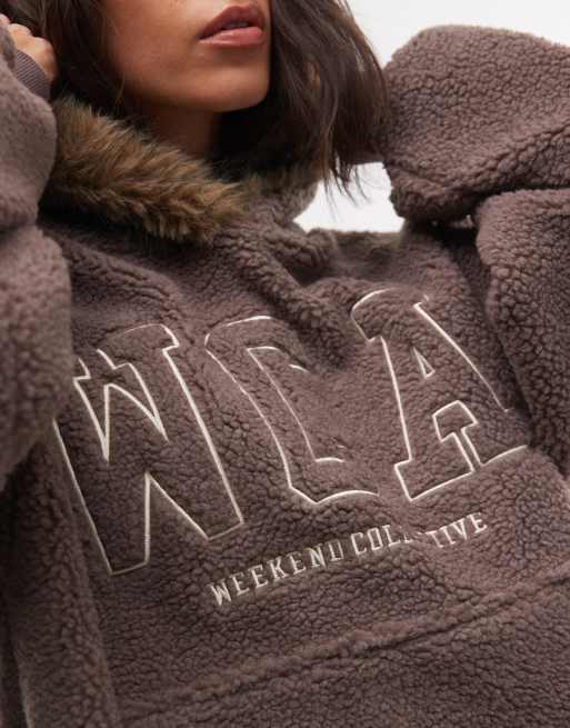 Weekend Collective oversized borg hoodie with fur trim hood in taupe, 4 of 4
