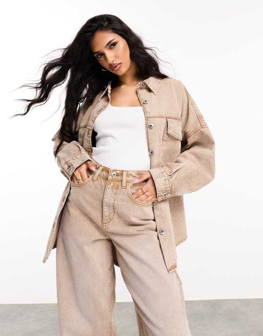Weekend Collective - Oversized denim overhemd van co-ord set in bruin met acid wash