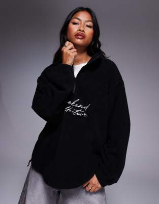 Asos Weekend Collective Weekend Collective Oversized Half Zip Borg Fleece With Logo In Black