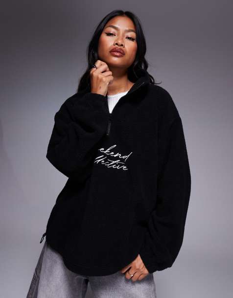 Weekend Collective oversized half zip borg fleece with logo in black - view 1