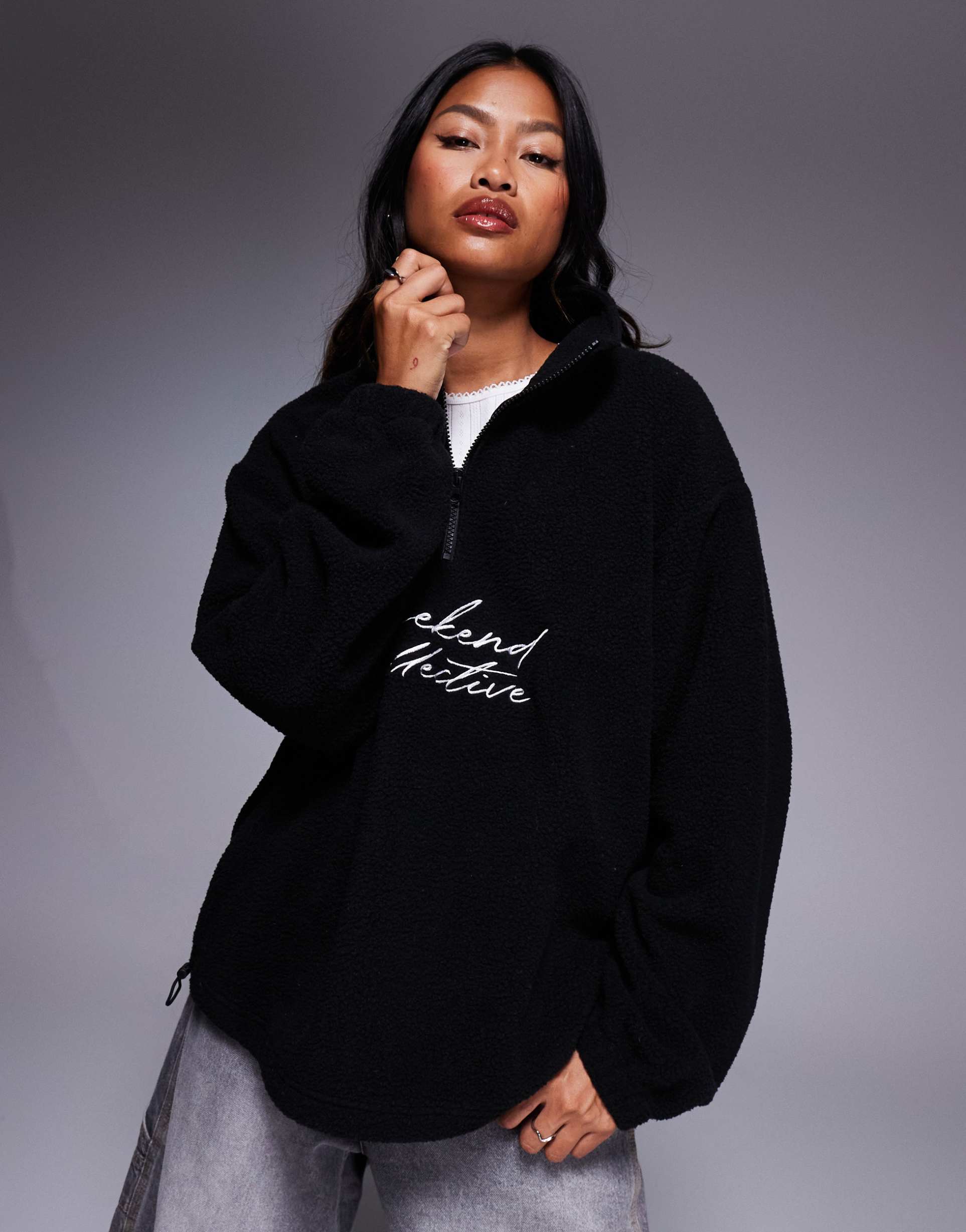 weekend collective oversized half zip borg fleece with logo in black