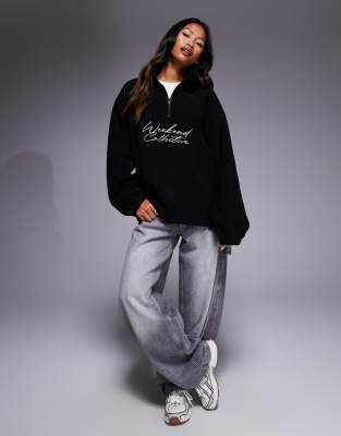 Asos Weekend Collective Weekend Collective Oversized Half Zip Borg Fleece With Logo In Black