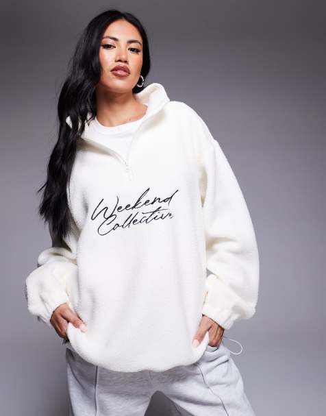 Weekend Collective oversized half zip borg fleece with logo in cream - view 1