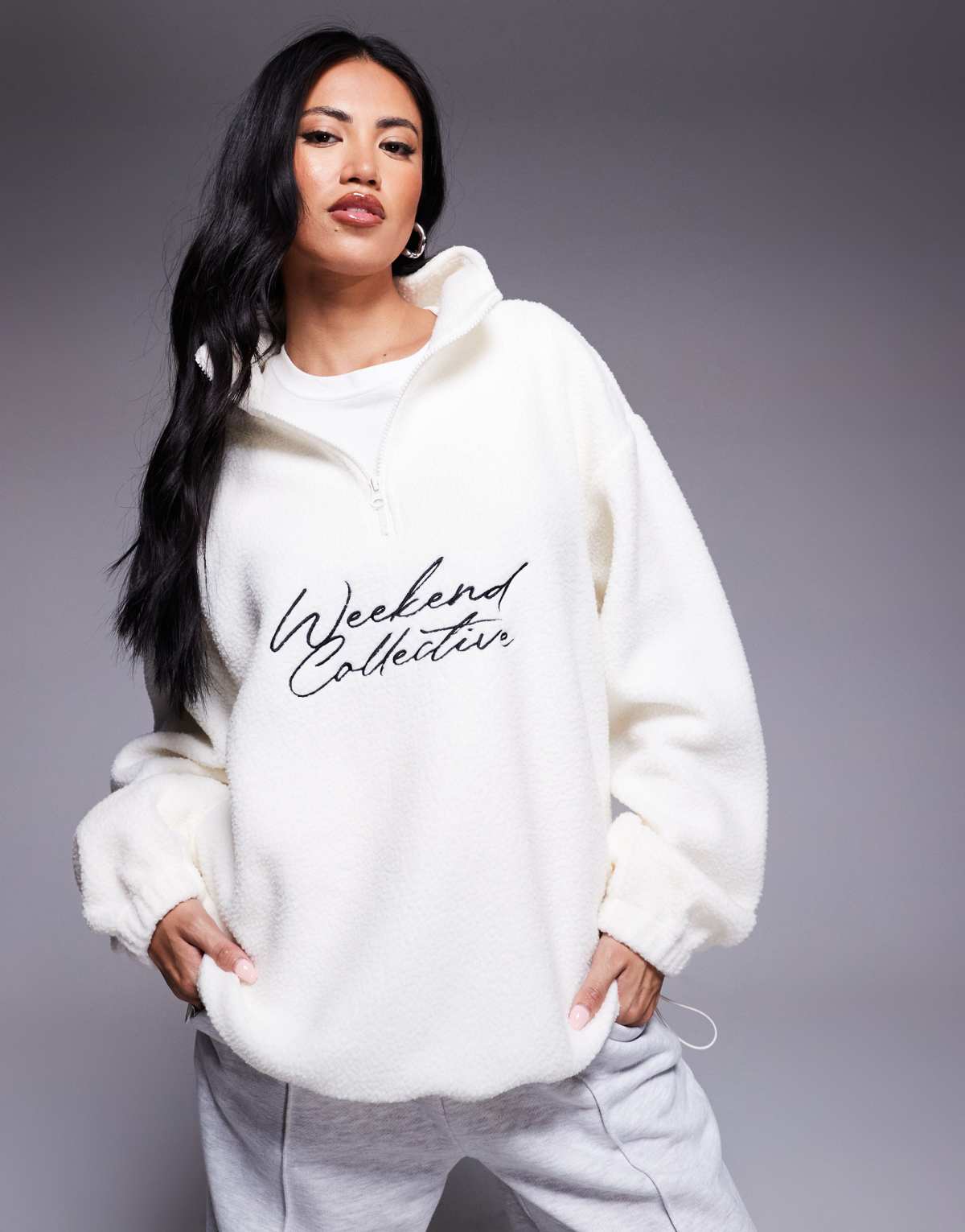 Weekend Collective oversized half zip borg fleece with logo in cream