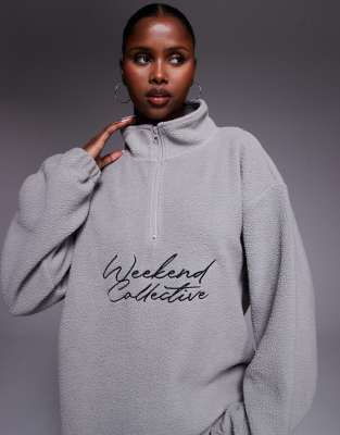 Asos Weekend Collective Weekend Collective Oversized Half Zip Borg Fleece With Logo In Gray