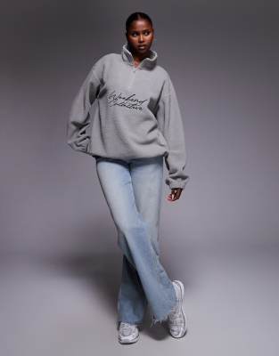 Asos Weekend Collective Weekend Collective Oversized Half Zip Borg Fleece With Logo In Gray