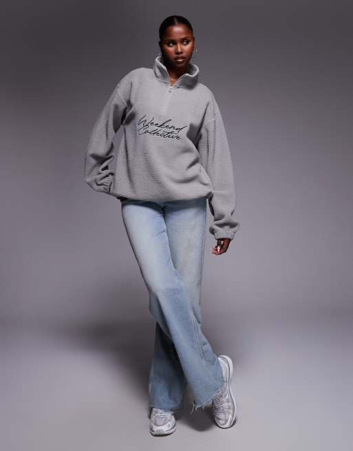 Weekend Collective oversized half zip borg fleece with logo in grey