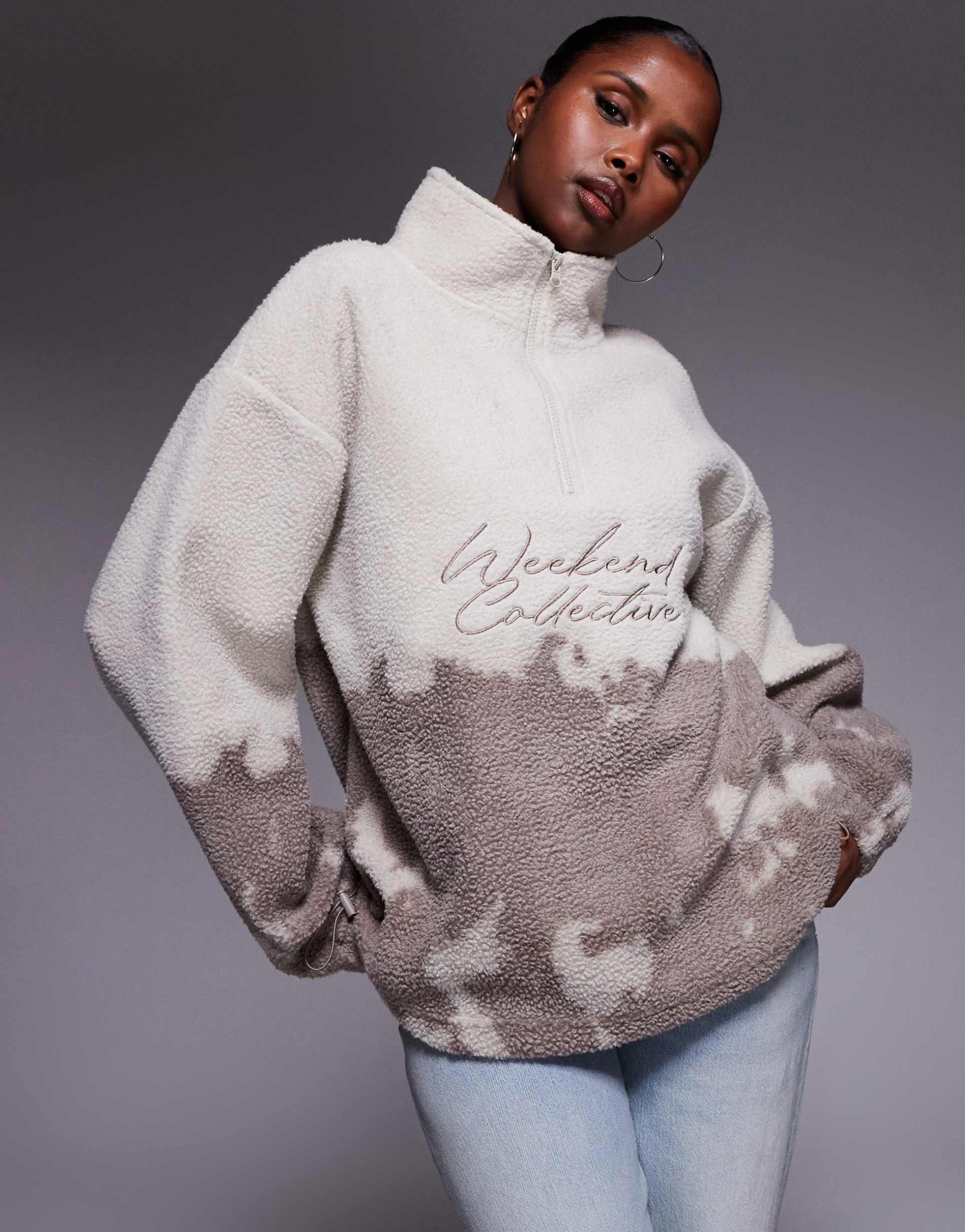 weekend collective oversized half zip borg fleece with logo in ombre cream and brown print