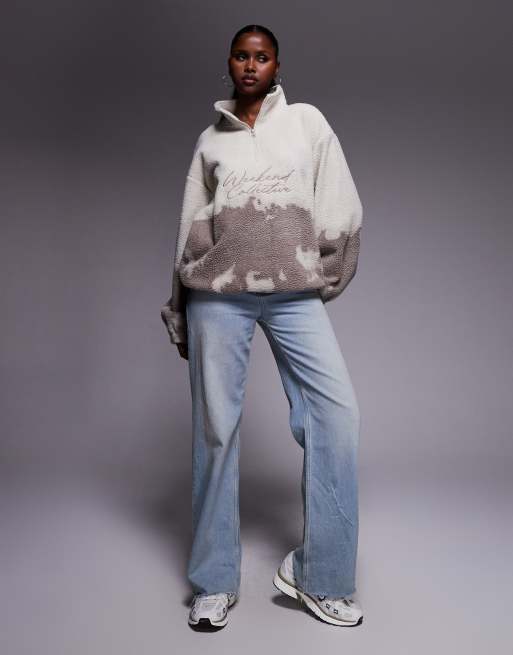 Weekend Collective oversized half zip borg fleece with logo in ombre cream and brown print