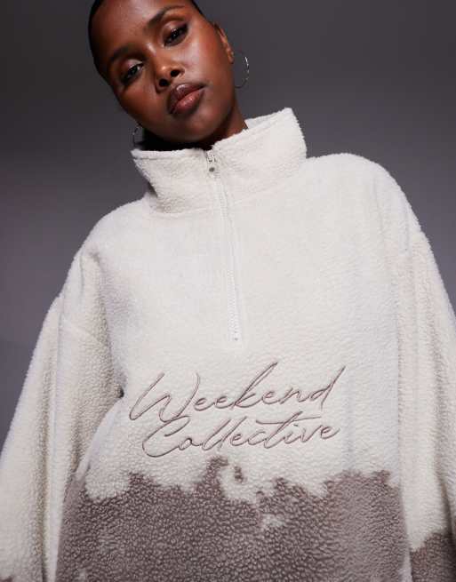 Weekend Collective oversized half zip borg fleece with logo in ombre cream and brown print