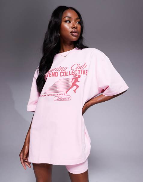 Weekend Collective oversized heavyweight t-shirt with running club graphic in pink (Part of a set) - view 1