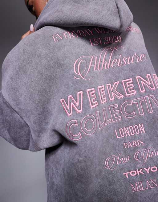 Weekend Collective oversized hoodie with pink logos in washed gray
