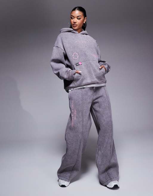 Weekend Collective oversized hoodie with pink logos in washed gray