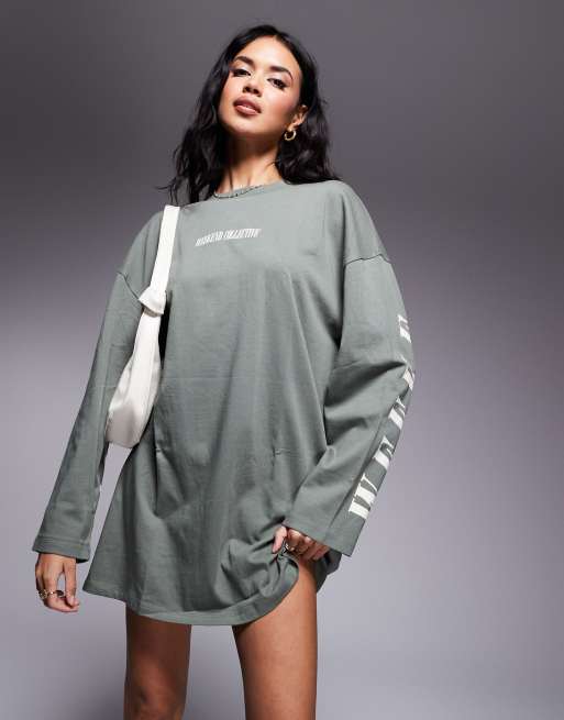 Weekend Collective oversized long sleeve t shirt dress with back logo in khaki