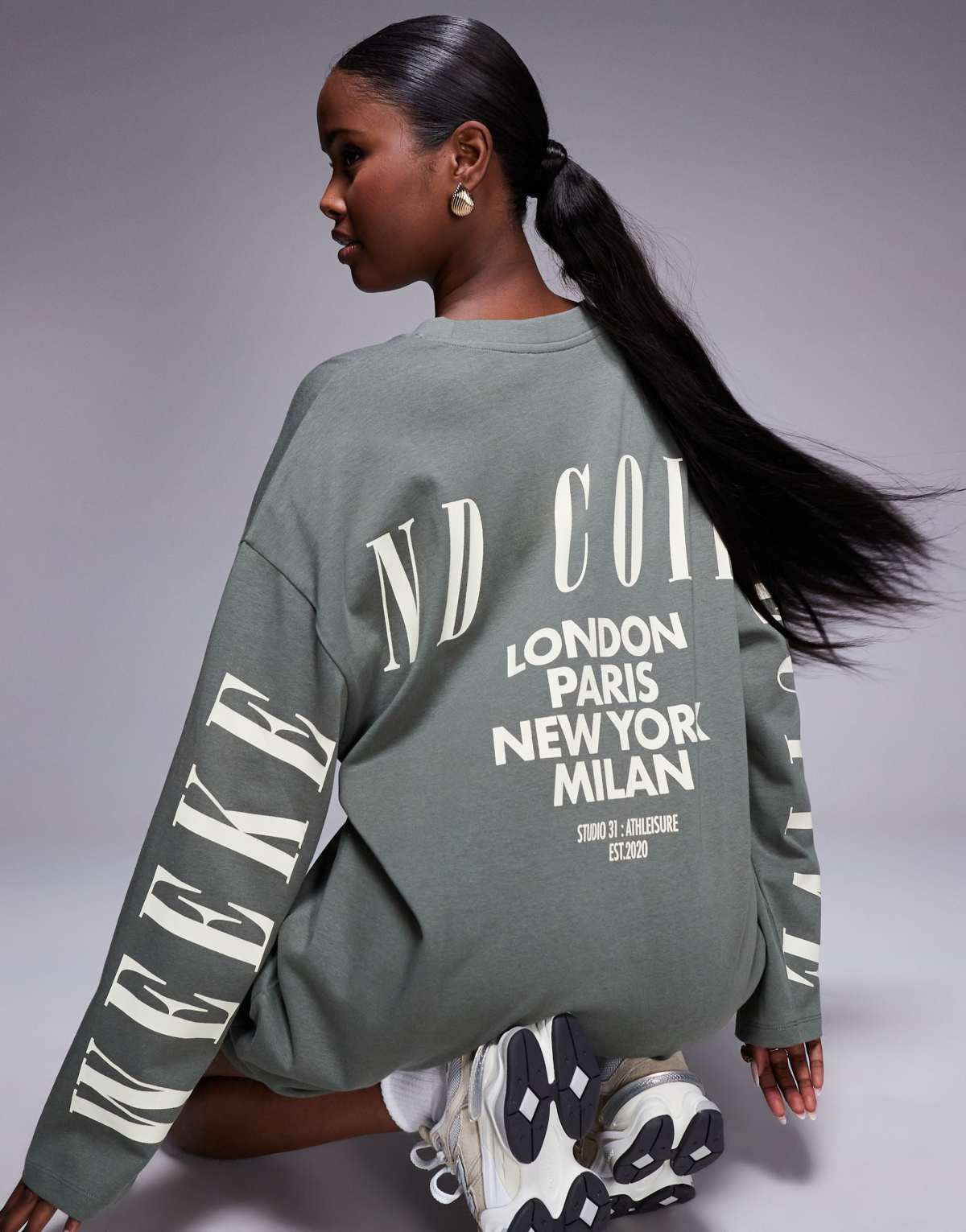 Weekend Collective oversized long sleeve t-shirt dress with back logo in khaki