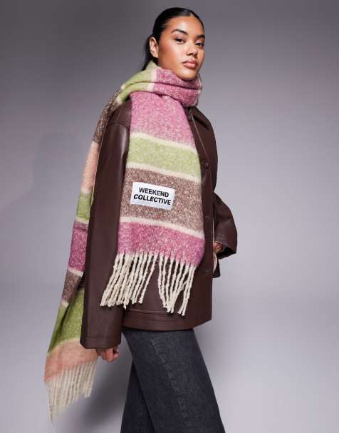 Weekend Collective oversized scarf with woven label in green mixed stripe - view 1