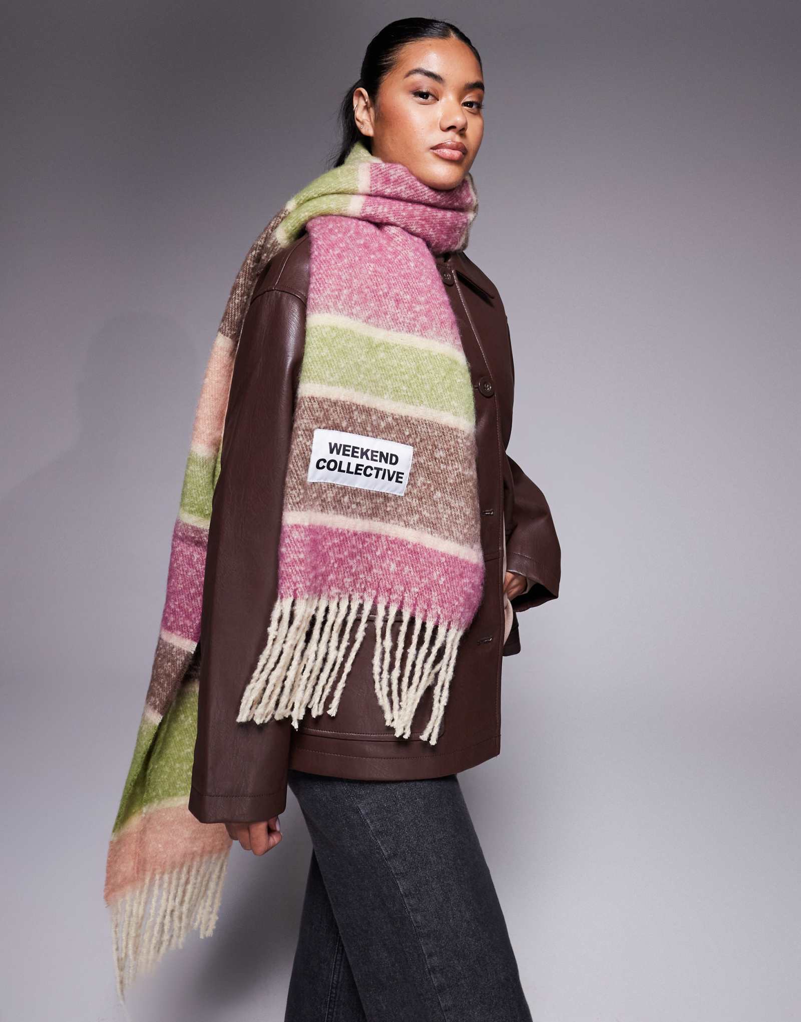 Объемный шарф Weekend Collective с тканым ярлыком в зеленую смешанную полоску