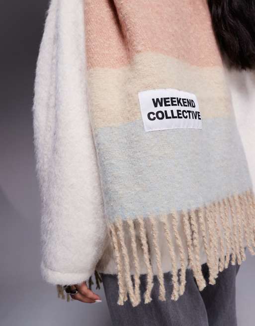 Weekend Collective oversized striped scarf with woven label in blue mixed stripes