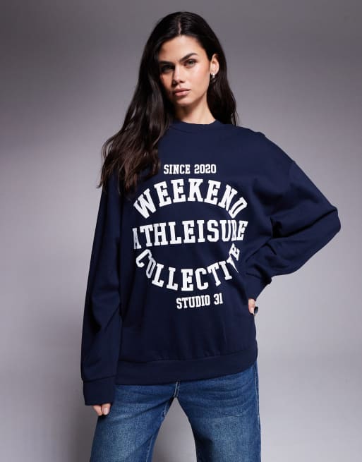 Weekend Collective oversized sweat with athleisure studio graphic in navy, 2 of 4