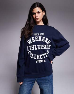 Asos Weekend Collective Weekend Collective Oversized Sweatshirt With Athleisure Studio Graphic In Blue