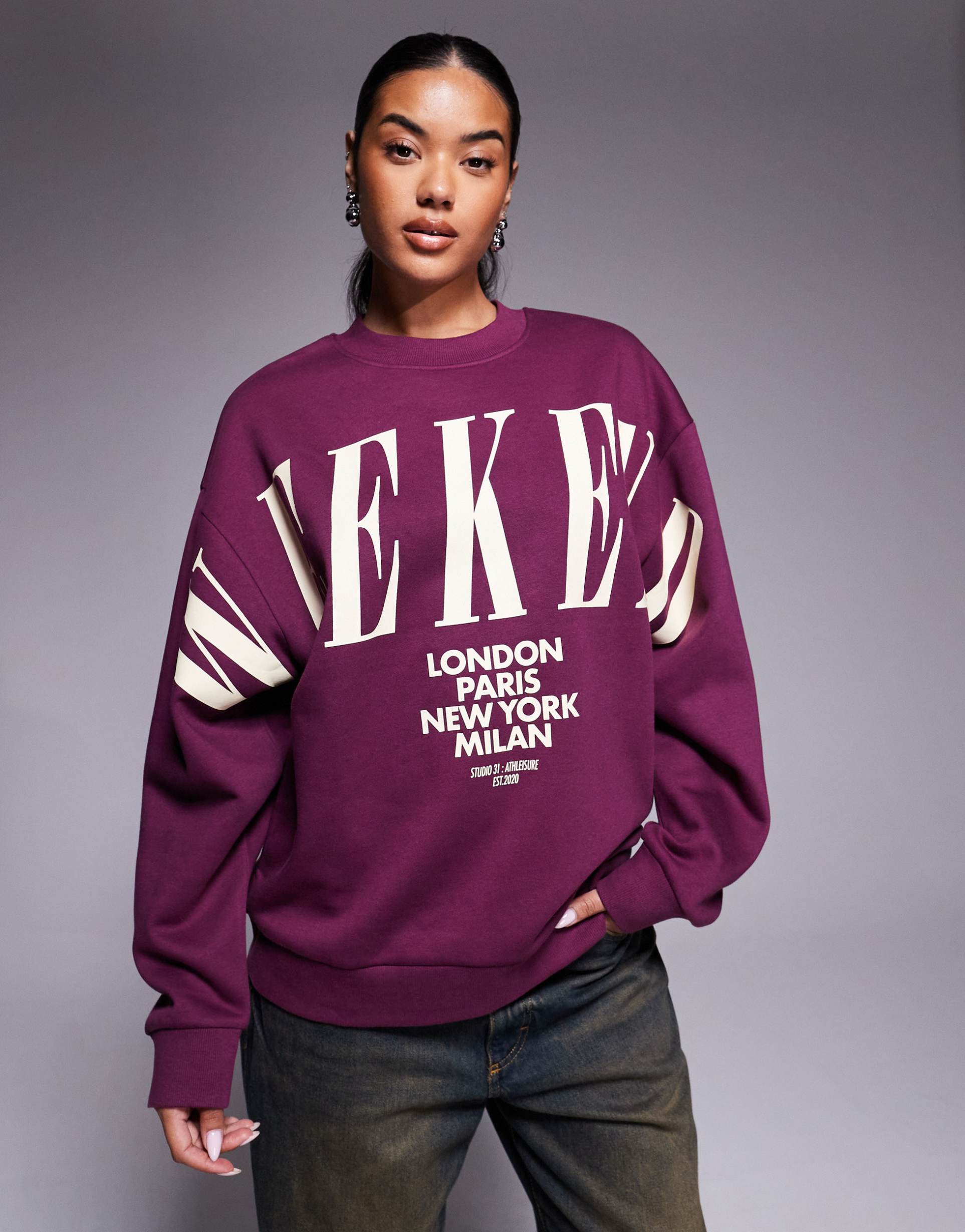 weekend collective oversized sweatshirt with stacked logo in plum
