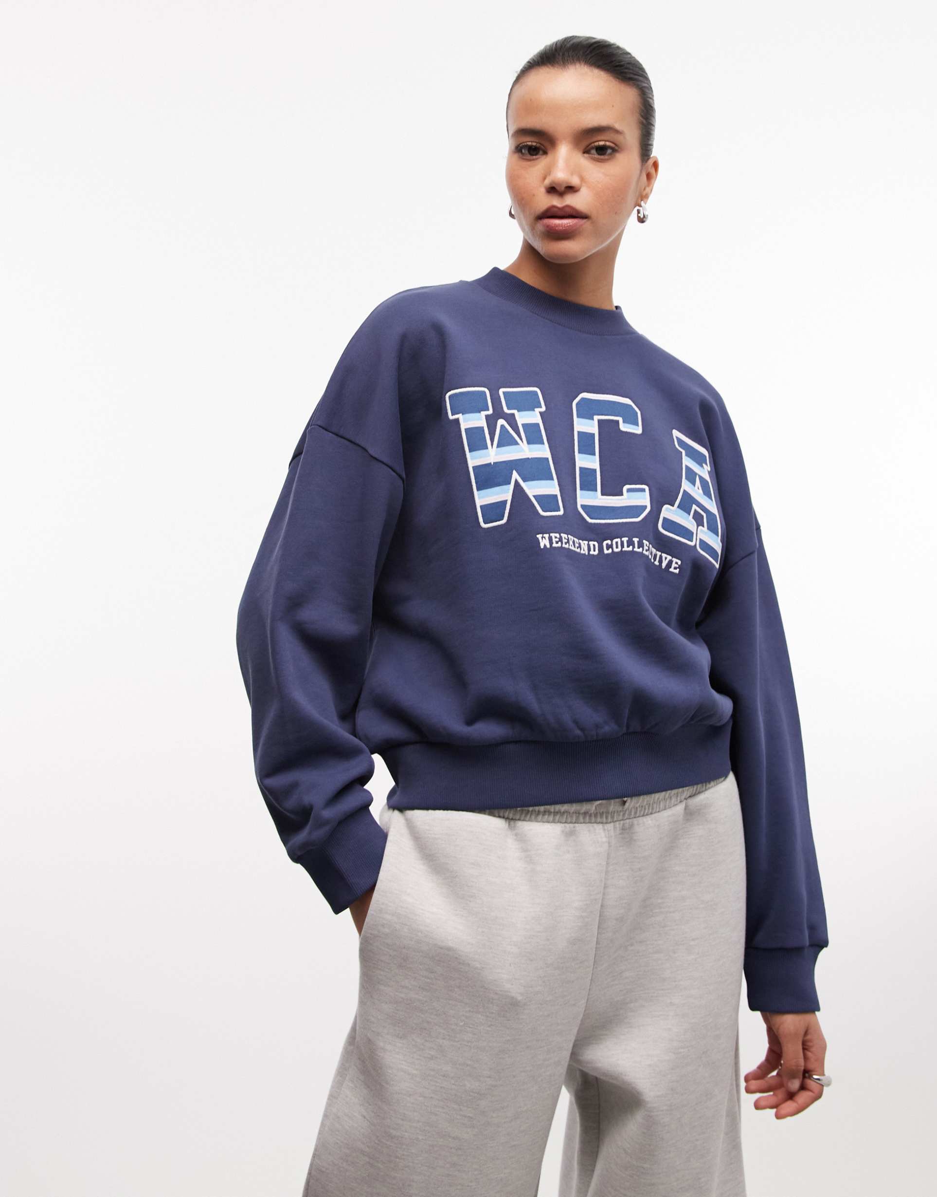 weekend collective oversized sweatshirt with striped varsity logo in navy