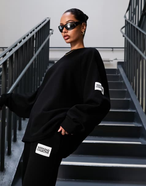 Weekend Collective oversized sweatshirt with woven logo in black - view 1
