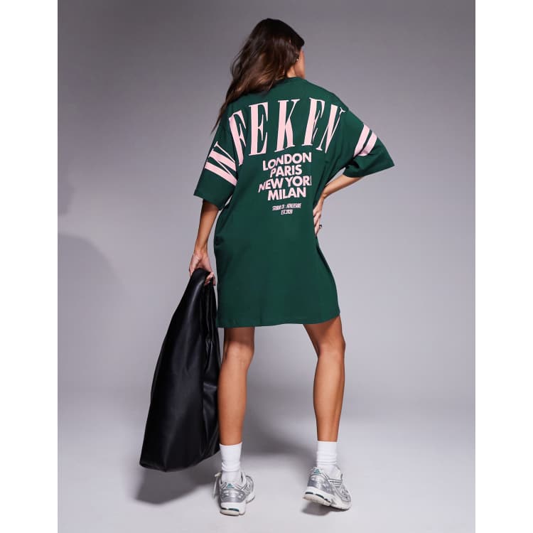 Weekend Collective oversized T-shirt dress in green with stacked back logo  in pink | ASOS