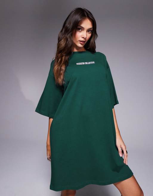 Weekend Collective oversized T-shirt dress in green with stacked back logo in pink