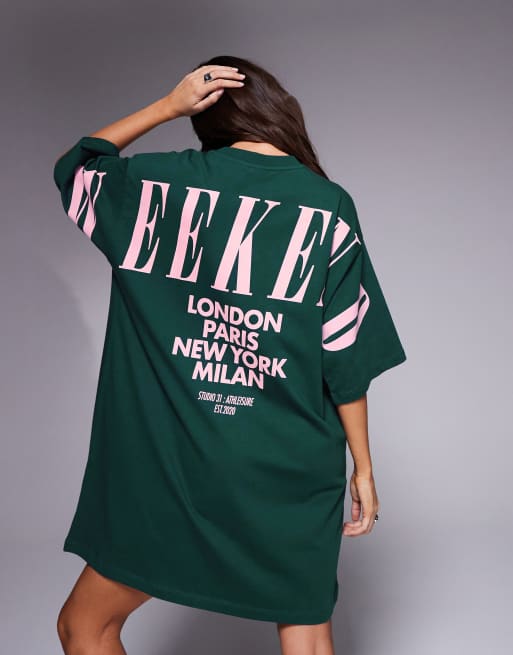 Weekend Collective oversized T-shirt dress in green with stacked back logo in pink