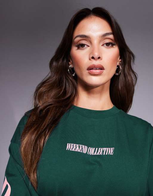 Weekend Collective oversized T-shirt dress in green with stacked back logo in pink