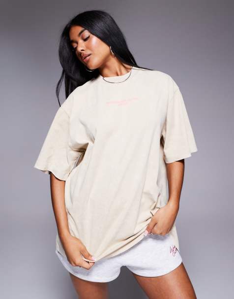 Weekend Collective - Oversized T-shirt met grafische logoprint op de voorkant in stone en roze met wassing - view 1