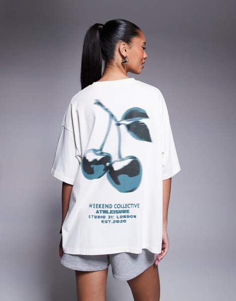 Weekend Collective oversized t-shirt with blue cherry graphic in ecru - view 1