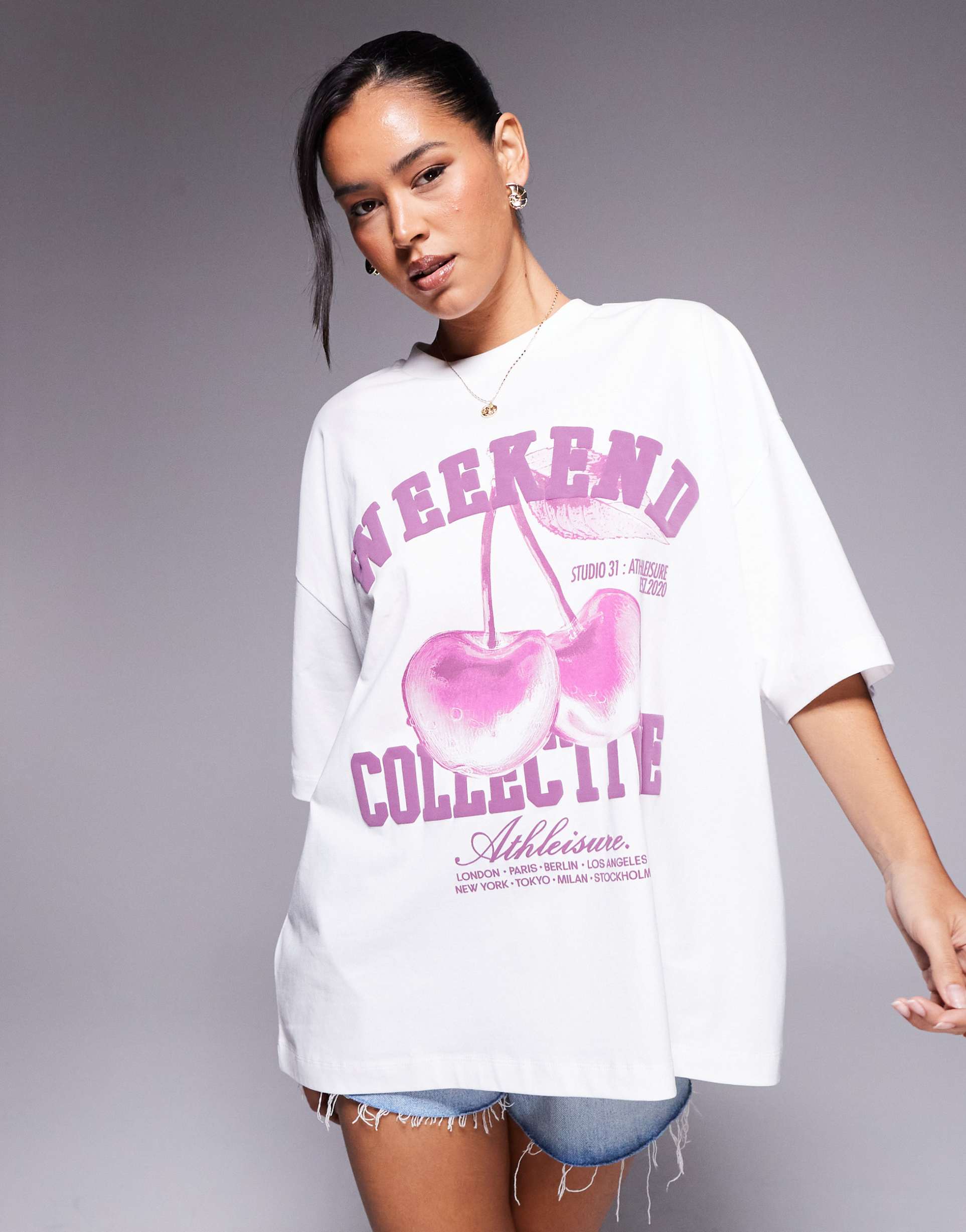 weekend collective oversized t-shirt with cherry graphic in pink