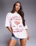 [ASOS Weekend Collective] Weekend Collective oversized t-shirt with cocktails and pilates graphic in pink M PINK