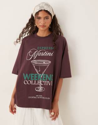 Weekend Collective oversized t-shirt with cocktails and social club graphic in chocolate - view 1