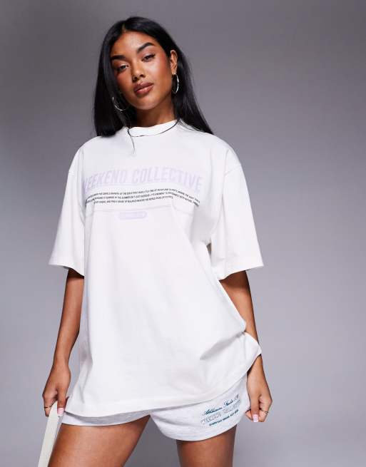 Weekend Collective oversized t-shirt with front graphic in cream and lilac, 3 of 4