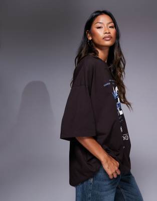 Asos Weekend Collective Weekend Collective Oversized T-shirt With Stacked Number Logo In Brown