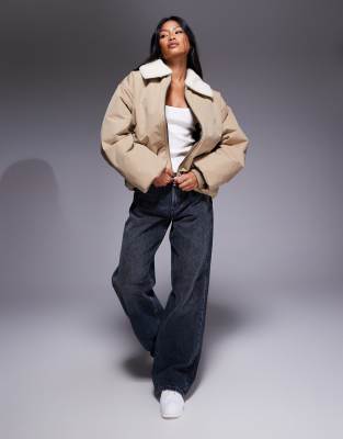 Weekend Collective padded bomber coat with borg collar in tan | ASOS